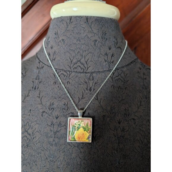 Yellow Rose Pendant Necklace With 18" Sterling Silver Chain Floral Square Charm - Picture 1 of 7